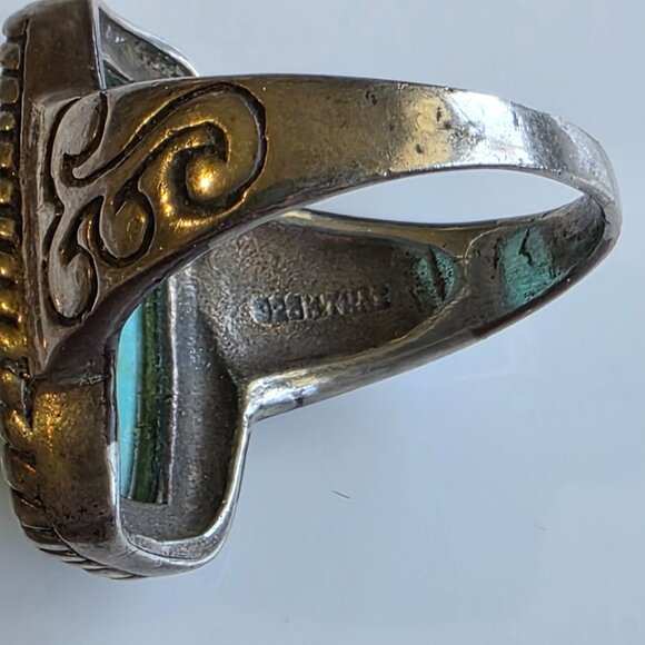 Vintage Silver Turquoise Ring 8 Engrave Twisted Rope Southwestern Santa Fe 925 - Picture 5 of 8
